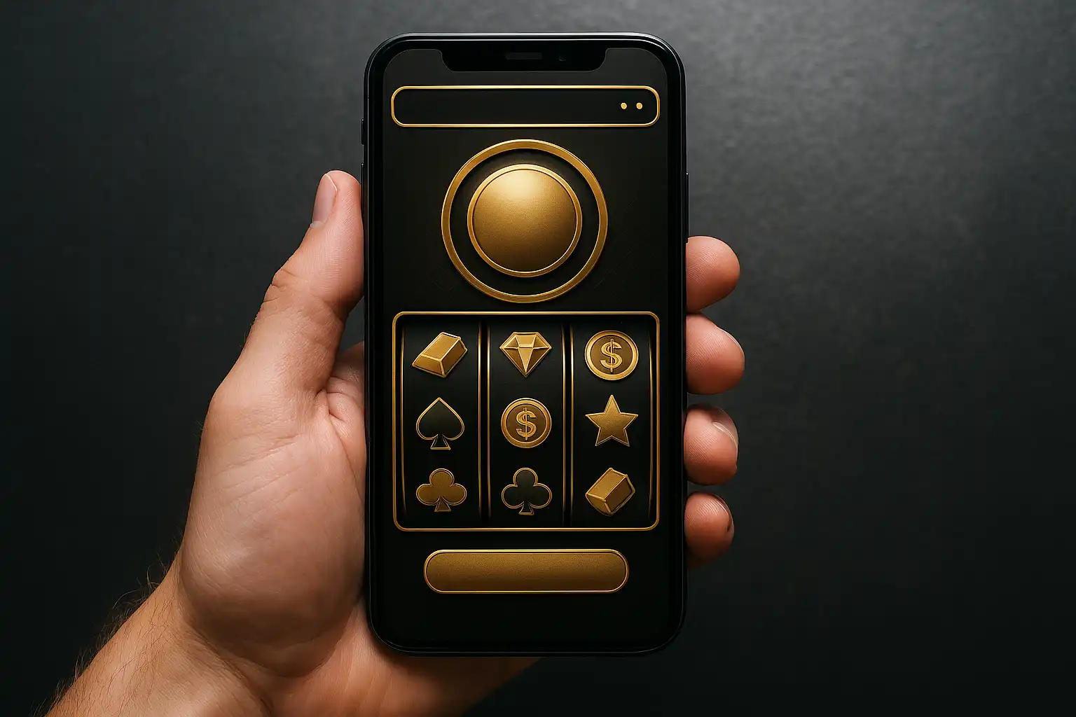 Smartphone displaying a slot game interface with gold and black casino theme