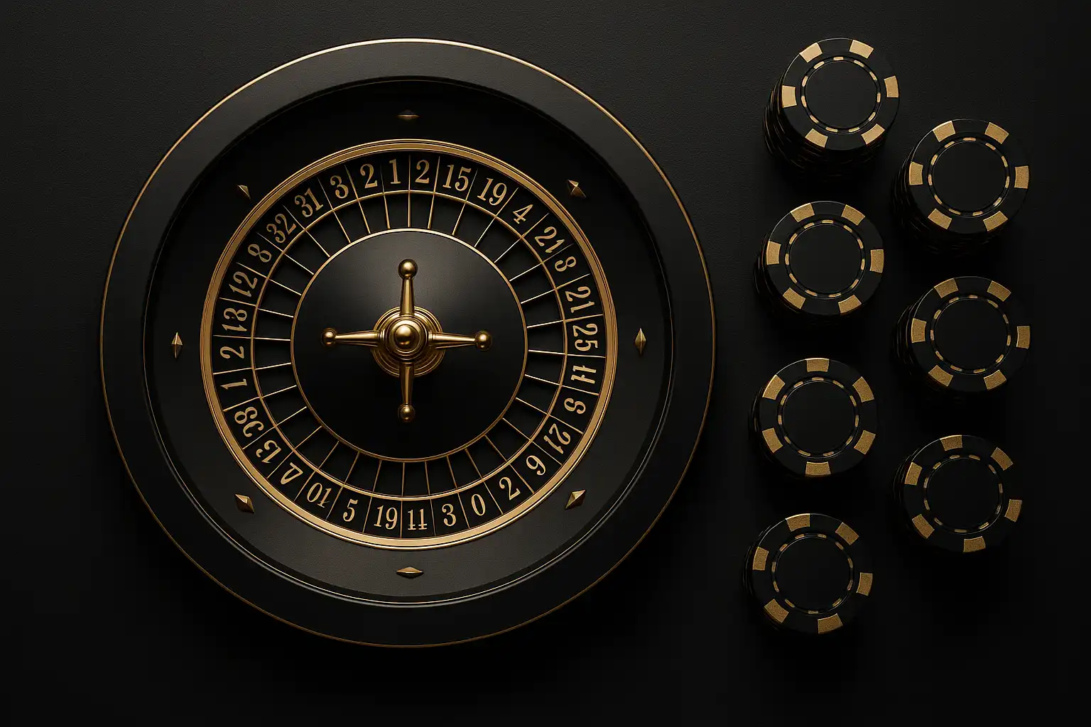 Overhead view of a roulette wheel and casino chips on a dark table