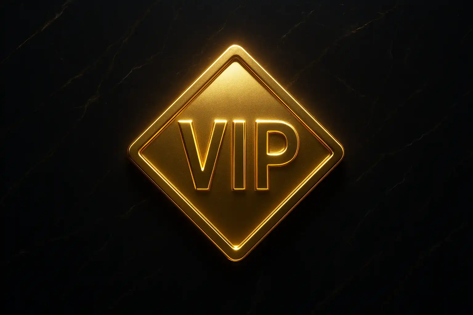 Gold diamond-shaped VIP badge on a dark marble background